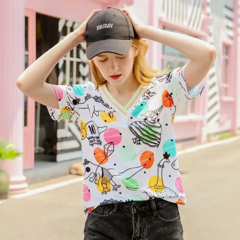 

Summer new product cartoon print strange taste Girl Top trendy loose hip hop short sleeve T-shirt girl