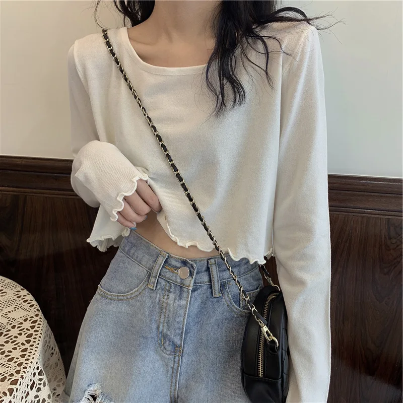 

Модный укороченный топ с оборками в Корейском стиле, сезон весна-осень, однотонные футболки, Женская облегающая футболка с длинным рукавом, ...