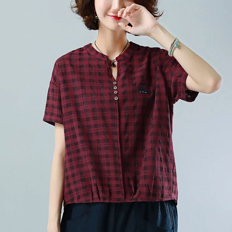 

Блузка женская хлопковая, с коротким рукавом, круглым вырезом, принтом в клетку, ZZ0433, весна-лето, женские блузки рубашки