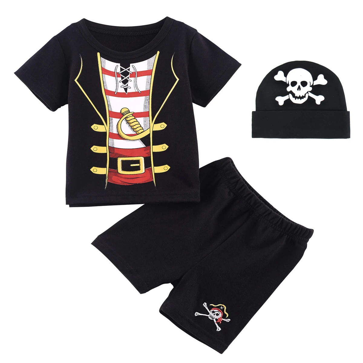 Pirate With hat Комплекты одежды для маленьких мальчиков «Пилот», «полиция», костюм для новорожденных на Хэллоуин, летний костюм для мальчиков, топ с короткими рукавами+ штаны со шляпой - Цвет: Pirate With hat