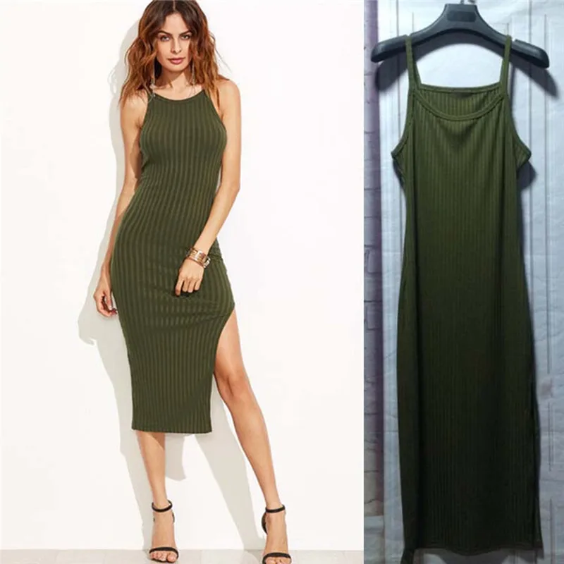 

Sexy Tank Side Split Midi Dress Women Party Club Sleeveless Cotton Solid Dresses 2021 Fashion Summer Street Lady Sundress