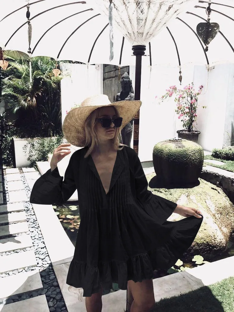 

Women Summer Fashion Flare Sleeve Beach Dresses White Cotton Swim Cover Up Plus Size Tunic V Neck Falbala Pleated Mini Sundress