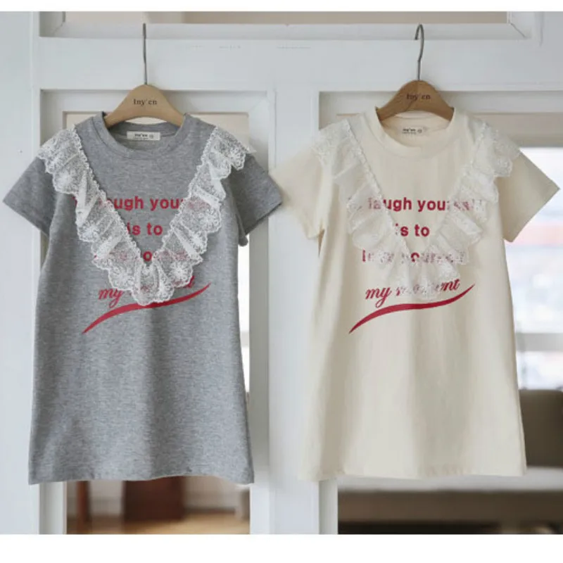 Girl Summer Dress New Cotton Kids Dresses for Girls Lace Patchwork Leisure Children T-shirt Baby Princess #5066 | Детская одежда и