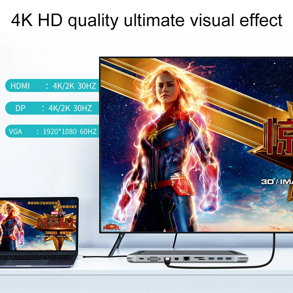 USB3.0 type-C концентратор для USB3.0 TF SD ридер HDMI VGA RJ45 3,5 аудио мини DP док-станция для MacBook Pro USB-C type C 11 порт USB C концентратор