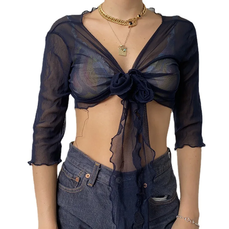 

Sexy Solid Color Mesh Perspective T-shirt Cross Tie Sleeve Top T-shirt Long Sleeve Summer Tops for Women