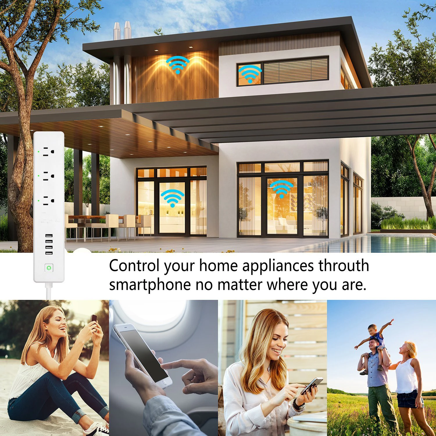 Wi Fi умная полоса питания штепсельная розетка США с USB пультом дистанционного