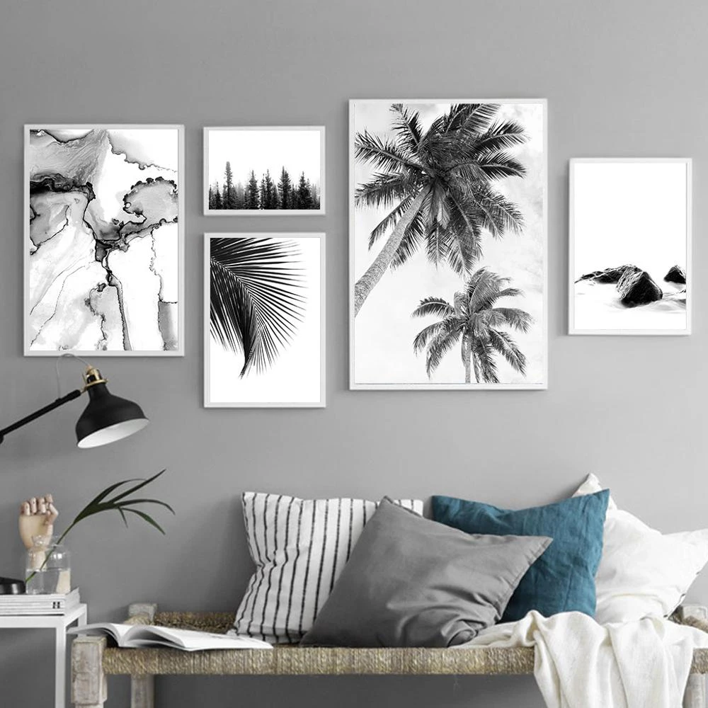 Фото Schwarz Weiß Wand Kunst Leinwand Malerei Minimalistischen Pflanze Landschaft Плакат Nordic Stil Bild Домашний декор №1