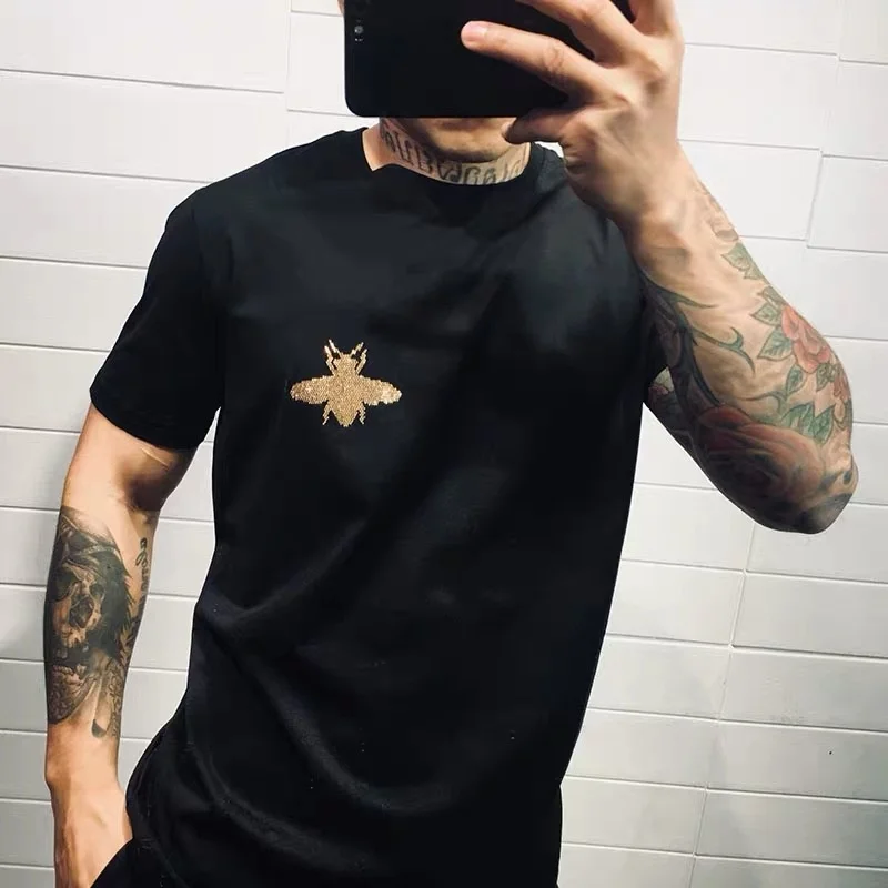 

Top men's T-shirt rhinestone new men's and women's short sleeve hip hop diamond luxury design 100% cotton
