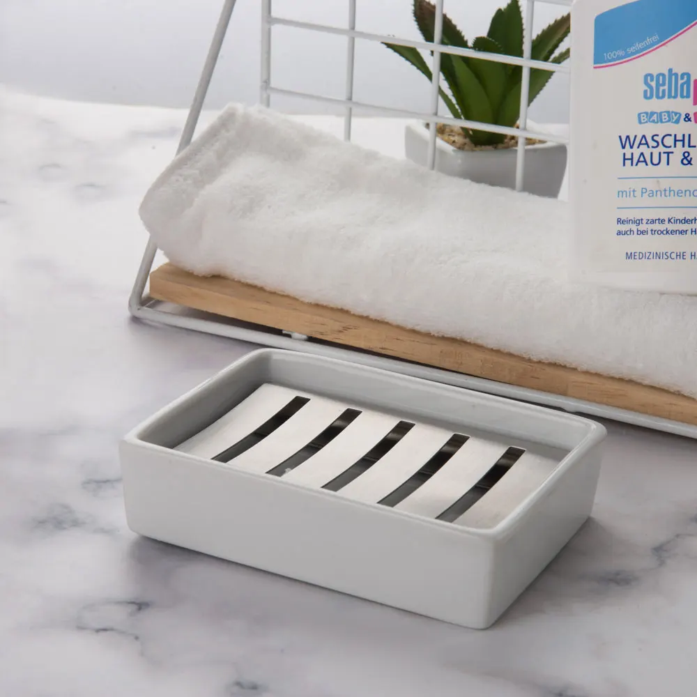 Soap Dish Holder Stainless Steel with Ceramic Seat for Bathroom Shower Riser Kitchen Organized | Обустройство дома
