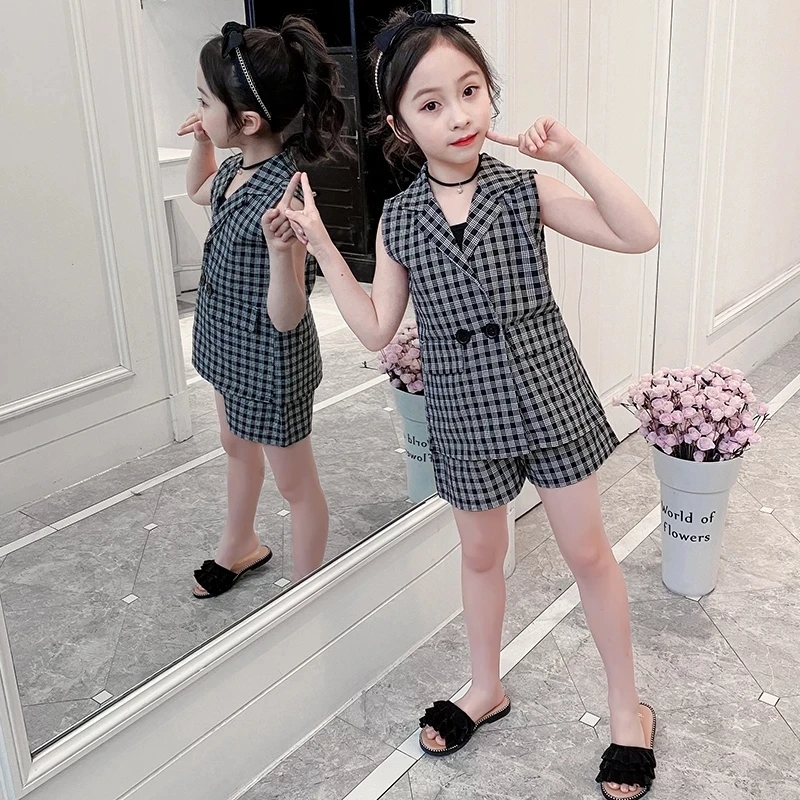 

Комплект из трех предметов для девочек-подростков, клетчатый пиджак без рукавов, жилет и шорты, летняя одежда, 3 предмета