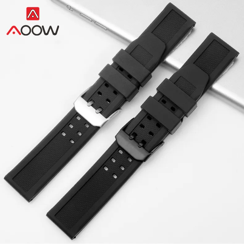Черный силиконовый ремешок 23 мм для часов мужской спортивный водонепроницаемый