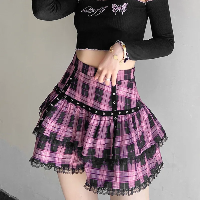 

Punk Sweet Lace Kawaii Gothic Japanese Harajuku Girls Purple Pink Plaid Pleated Skirt Lolita Cake Mini Skirts Cosplay Costume