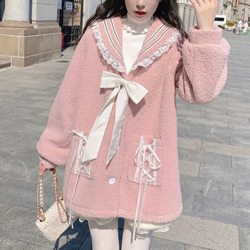 

Winter Japanese Sweet Fleece Fur Jacket Women Pink Lace Patchwork Kawaii Warm Coat Female Ribbon Designer Korean Overcoat 2021
