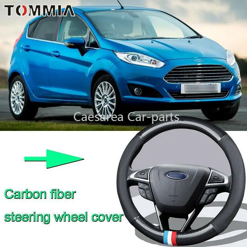 

High Quality Car Non-slip black carbon fiber leather car steering wheel cover for Ford Fiesta