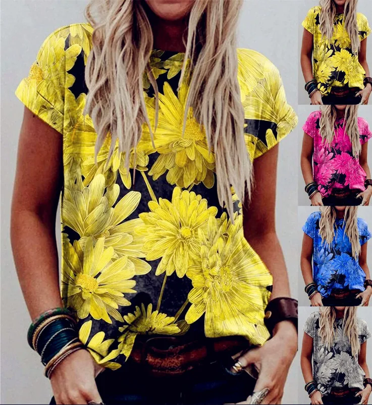 

New Summer Fashion Colors Sexy Floral Sexy Women Plus Sizes Big Large Loose Vintage Casual Fashion T Shirts Tops Tees