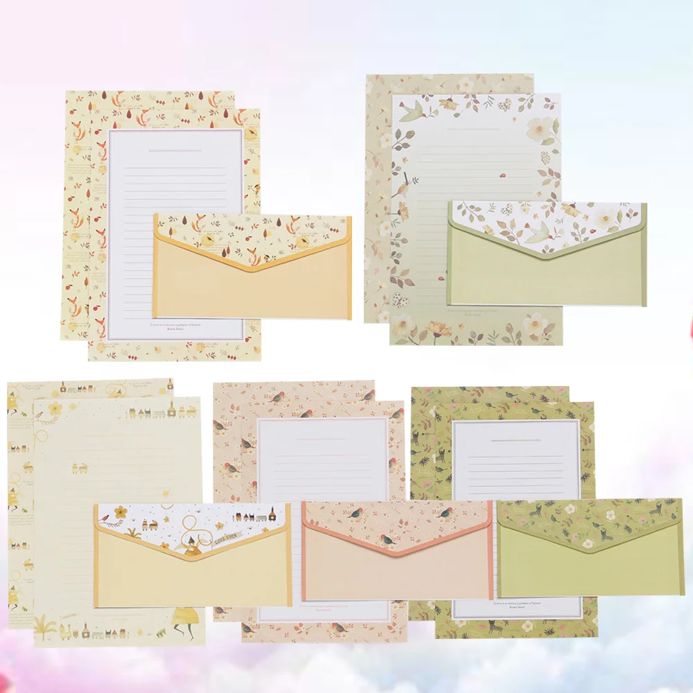 

5 Sets/45pcs Flower Printing Envelope and Letter Paper Lovely Writing Stationery Envelopes Kit School Stationery for School (