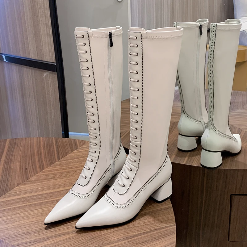 Jual Sepatu Bot Sepeda Motor Ujung Lancip Sepatu Bot Panjang Hak Tebal Wanita Sepatu Bot Wanita Renda Desain Gaya Inggris Sepatu Bot Hitam Seksi