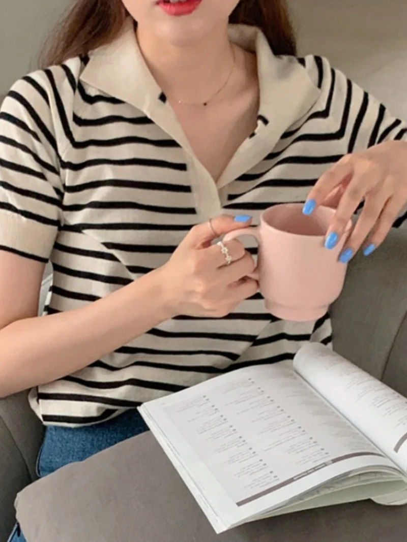 

Korean Ins Simple Summer Retro Lapel Stripe Thin T-Shirt Top Loose and Versatile Straight Tube Short Sleeve T-shirt Women
