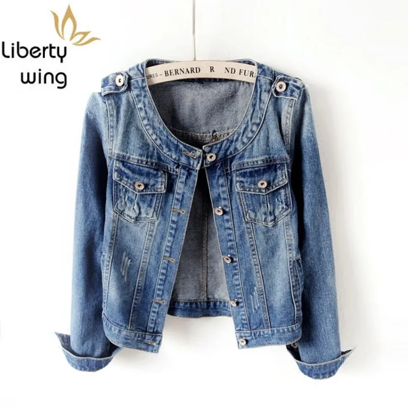 Весеннее новое женское короткое джинсовое пальто с круглым вырезом винтажная