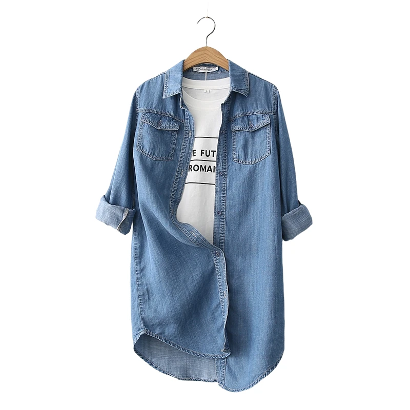Осень 2021новинка джинсовые женские рубашки свободные длинные однотонные джинсы