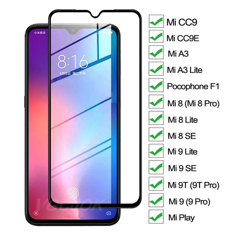 Защитное стекло 9D для Xiaomi Mi 8 pro lite se 9 9T Play A3 CC9 CC9E Pocophone F1|Защитные стёкла и плёнки