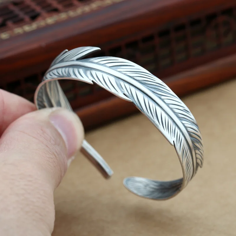 

Starfield S999 Sterling Silver Jewelry Retro Thai Silver Bangle Takahashi Goro Simple Feather Feminine Open Ended Bangle