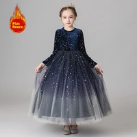 wedding party formal dress for kid girls fashion red blue velvet full sleeve dresses pageant ball gown plus fleece child clothes