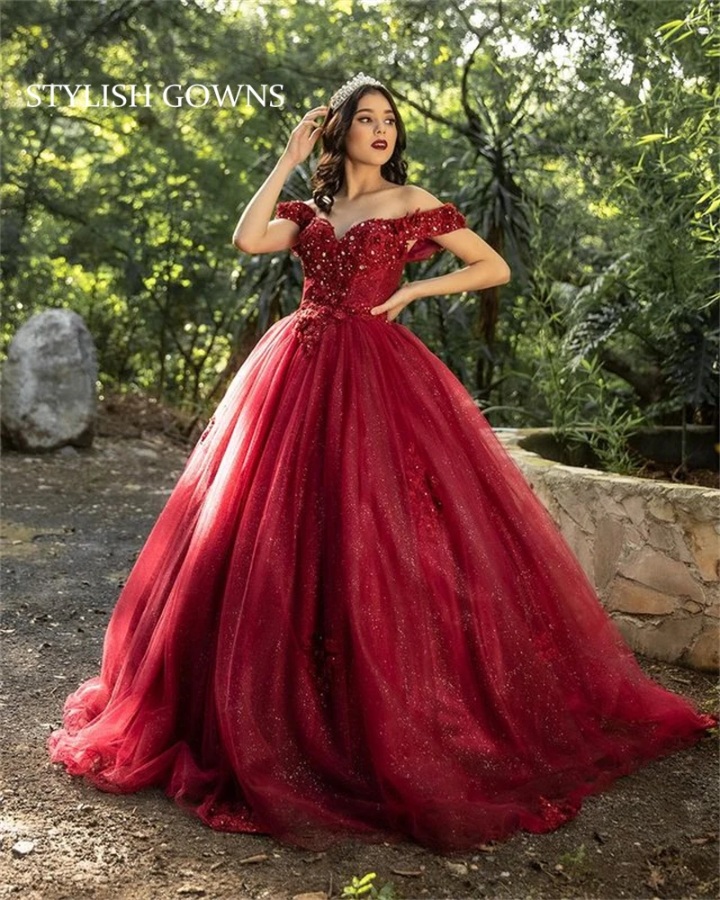 

Очаровательное красное бальное платье с открытыми плечами 2021, платья принцессы для Quinceanera, платья с аппликацией из бисера, милые платья 16