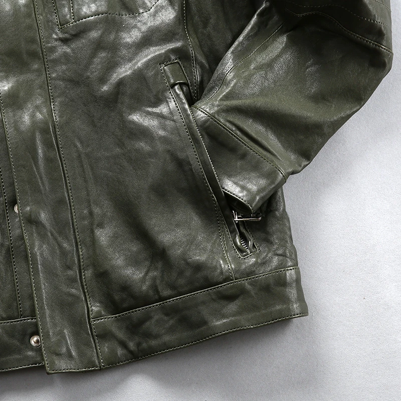 

Leather Men's Genuine Classic Jacket Zipper 2021 Spring Autumn Vintage Soft Sheepskin Coat Male Green Free