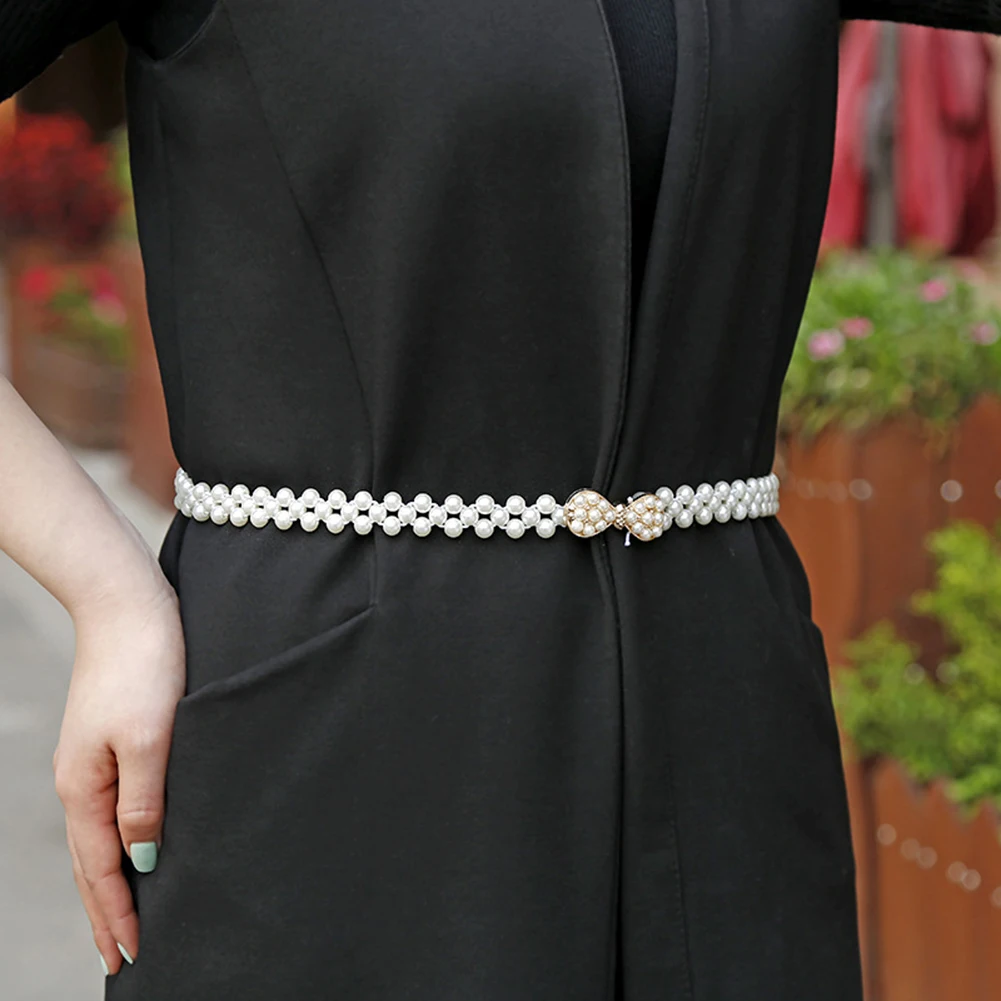 

Women Sweet Strap Belt Accessories 1PC Elegant Waistband Elastic Pearl Chain Belt For Rhinestone Dress Decorative Belt