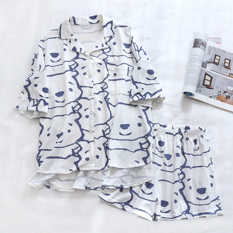217 Thin Bear Sleepwear Cotton Pajamas For Women Sets Home Suit Turn-Down Collar Short Sleeve Sleep Tops Shorts Female Homewear
