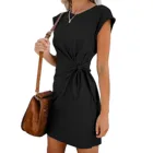 Женское летнее черное платье-футболка, элегантное однотонное прямое мини-платье-карандаш с поясом и круглым вырезом, новинка 2021