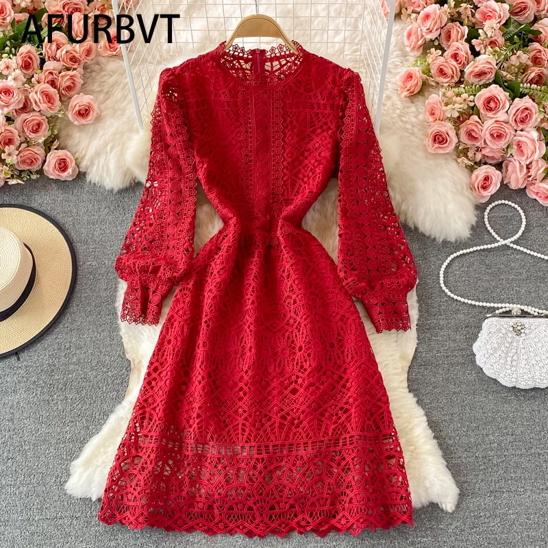 

Elegant Lace Women Dress Korean Style 2021 Summer New Midi Dresses Robe Chic Sweet long Sleeve Vestido Fashion