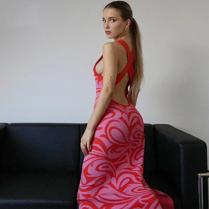

Elegant Backless Y2K Knitted Maxi Dresses Vintage Harajuku Print Sexy Beach Boho Dresses Korean Aesthetic Cut Sundress Street