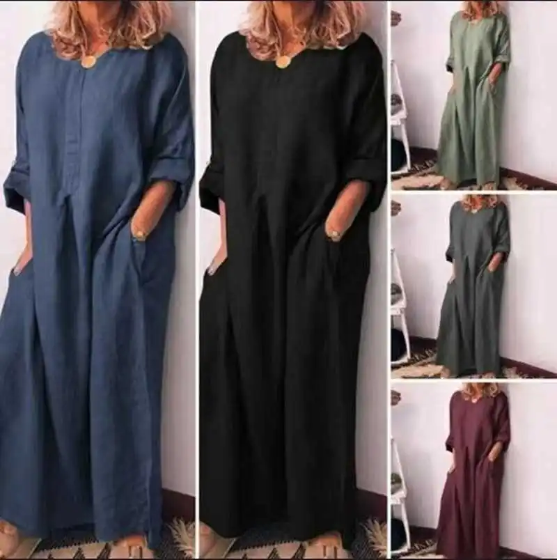 

Cotton of linen dressed female loosely waisted firm waist lady dress neck pocket dress female ankle length plus size 5xl