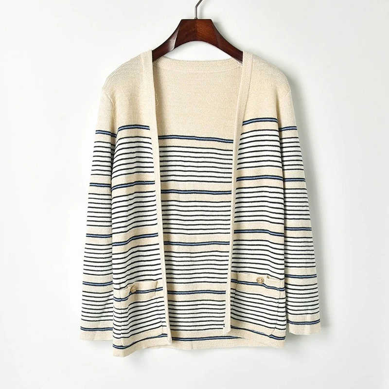 Женский вязаный кардиган в полоску повседневный Свободный с длинным рукавом
