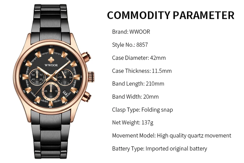 Мужские часы лучший бренд класса люкс WWOOR золотые черные часы мужские Новые водонепроницаемые Хронограф Золотые мужские наручные часы мужские