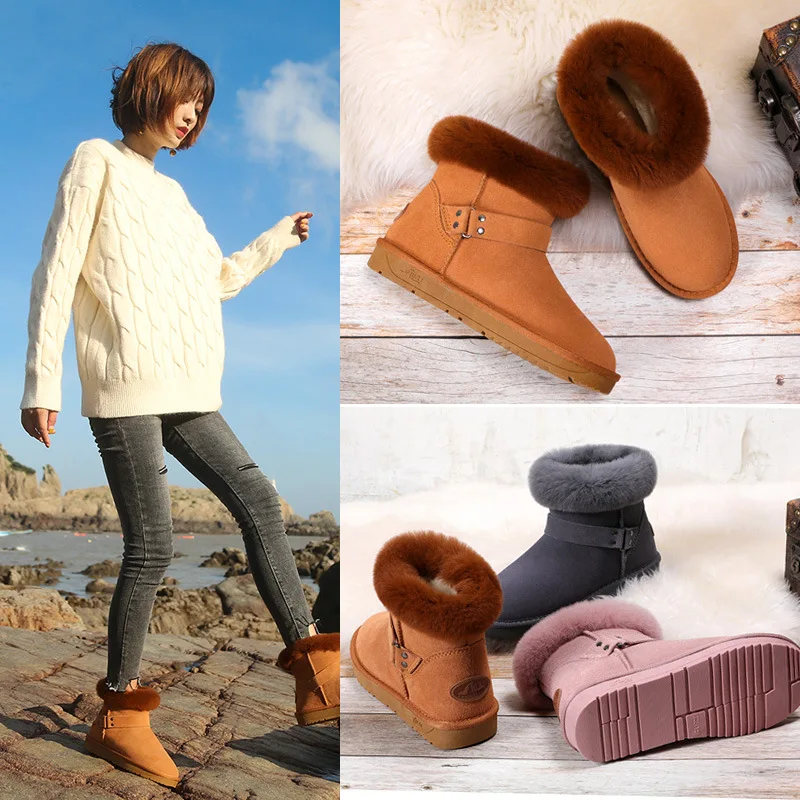 Женские теплые ботинки на меху зимние из коровьей кожи с кроличьим мехом