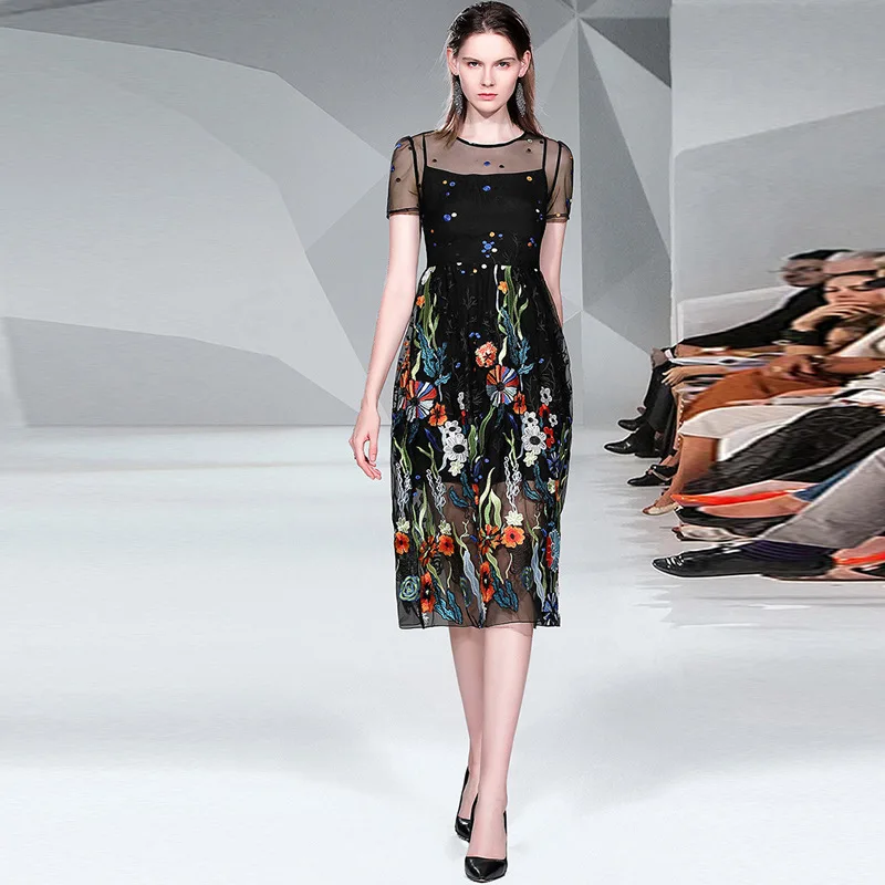 

Summer Runway High quality Colorful Floral Embroidery Mesh Dress Women Elegant O-neck short sleeve Midi party dresses