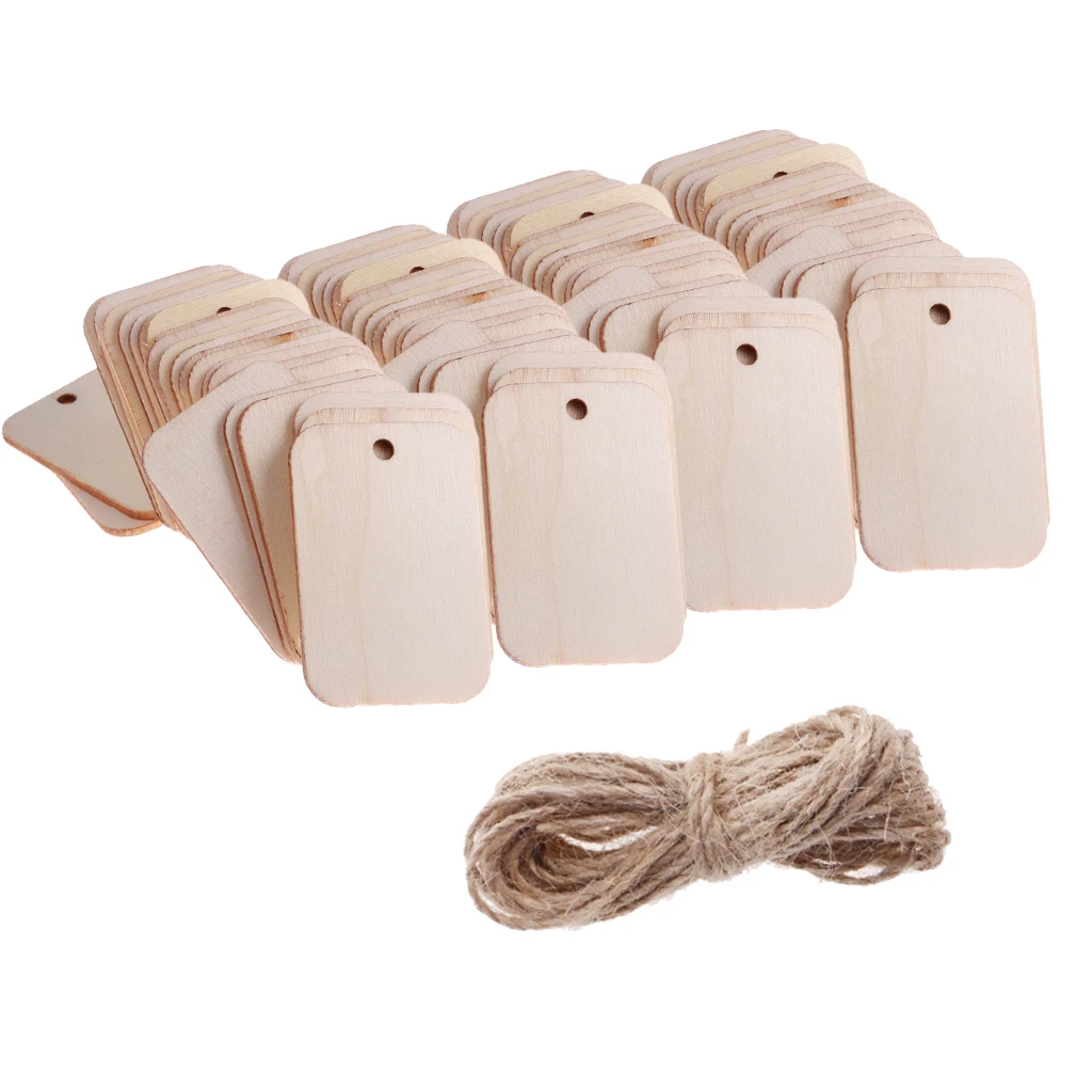 

100x Blank Wood Rectangle Gift Tag for Wedding Christmas with Rope Natural