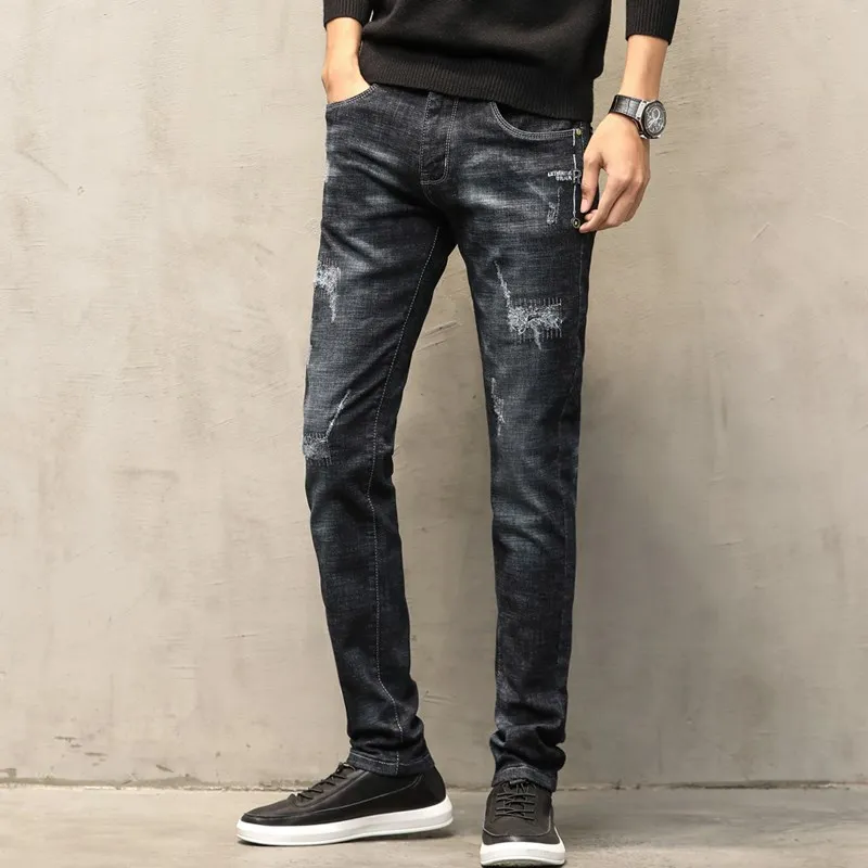 Рваные джинсы для мужчин осень-зима узкие прямые черные повседневные эластичные