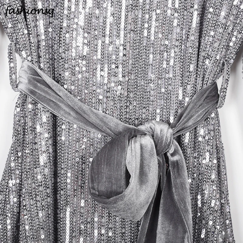 

2020 Autumn Hot Women Sequined Long Sleeve Party Club Dress Gold Silver Sequined Belt Dress O Neck Shiny Dress