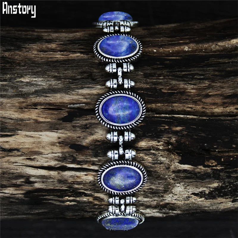 

Vintage Oval Plant Lapis Lazuli Bracelet For Women Tibetan Silver Plated Natural Stone Tiger Eye Jades Quartz Fashion Bracelets