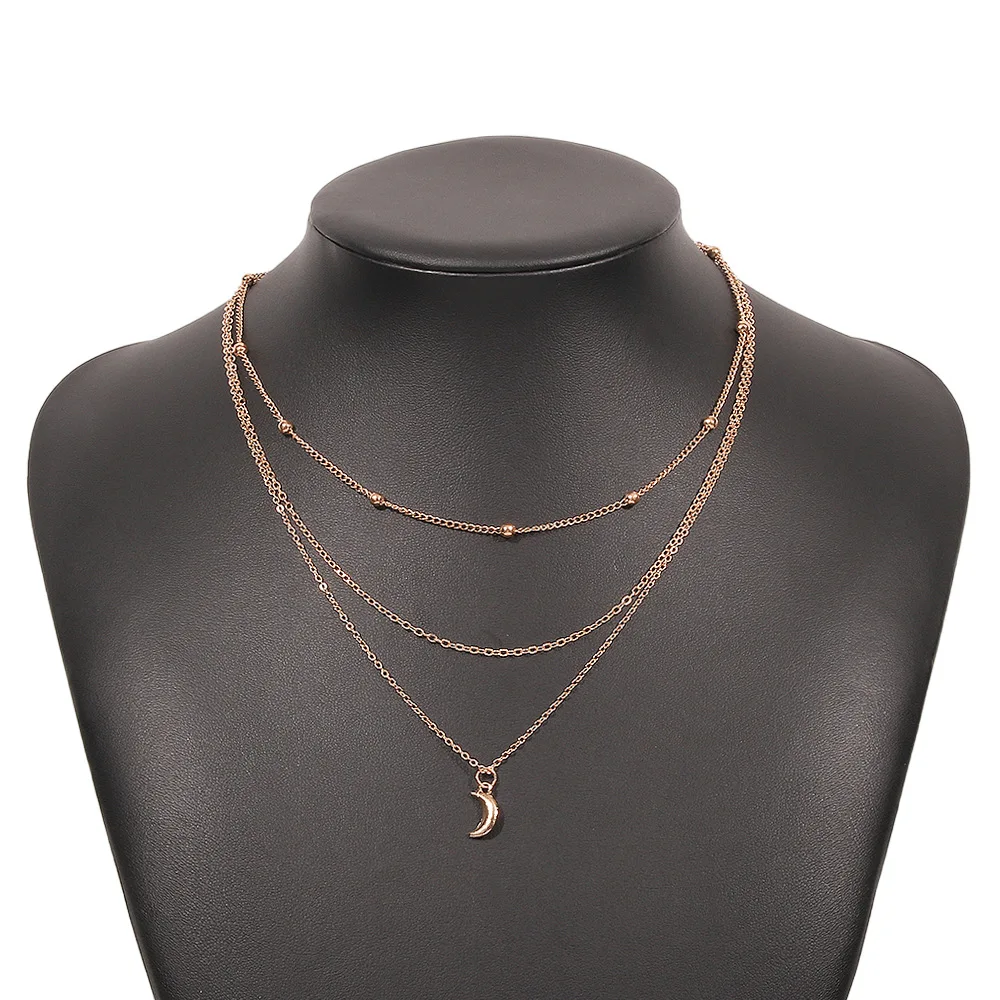 

Fashion Moon Pendant Necklace Vintage Golden Color 3-layer Bead Metal Clavicle Chain for Women Party Chokers Necklaces Jewelry