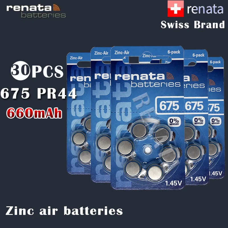 30 шт. цинковые воздушные аккумуляторы Renata 675 1 45 в 660 мАч A675 PR44 P675 для слуховых