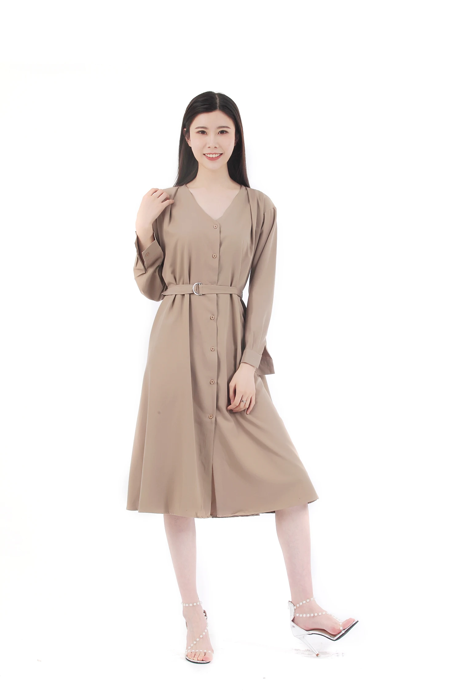 

Женское платье-рубашка средней длины, повседневная однотонная дышащая шифоновая юбка с длинным рукавом и V-образным вырезом, лето