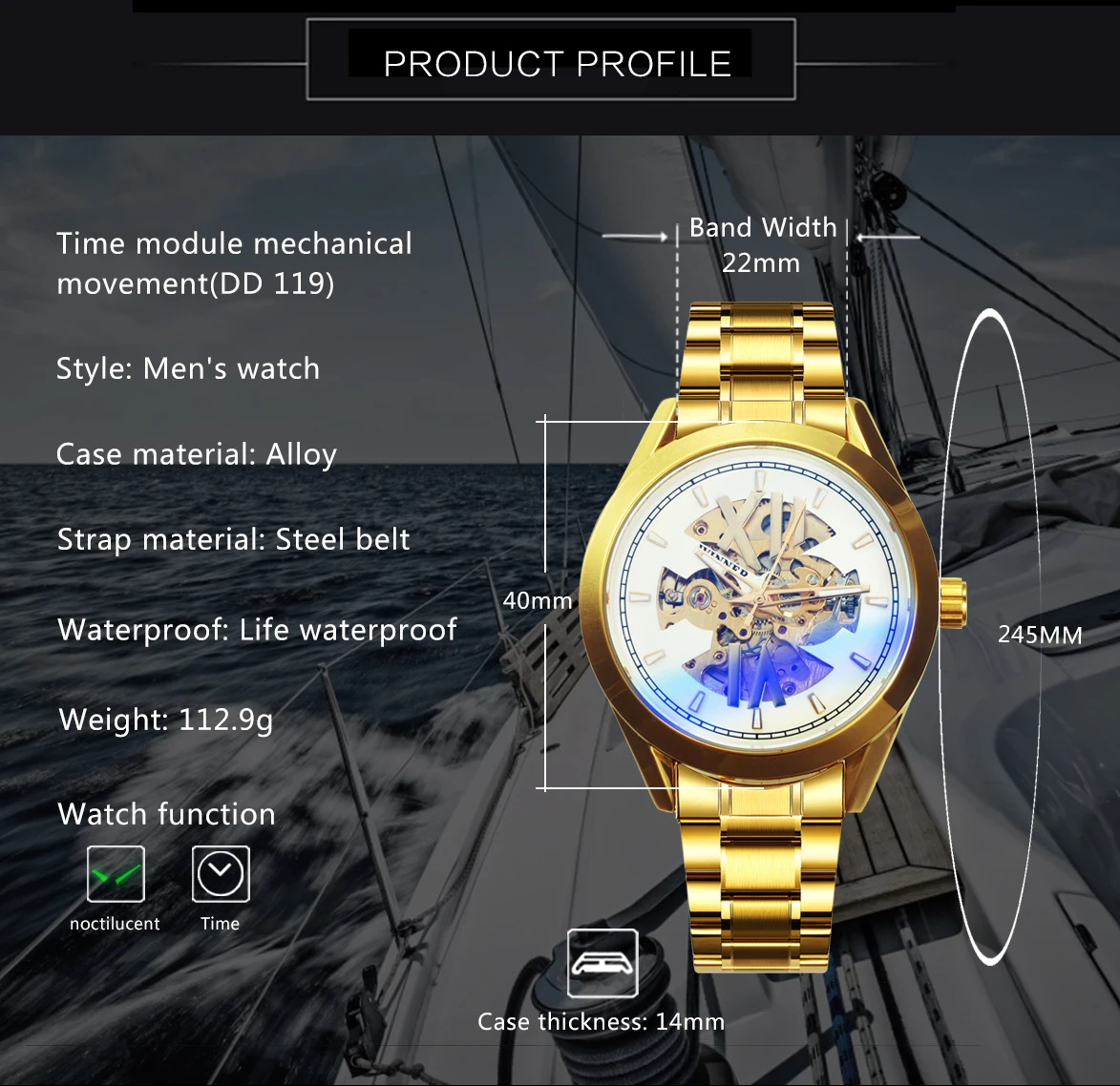 Часы наручные WINNER Мужские автоматические роскошные брендовые модные с синим