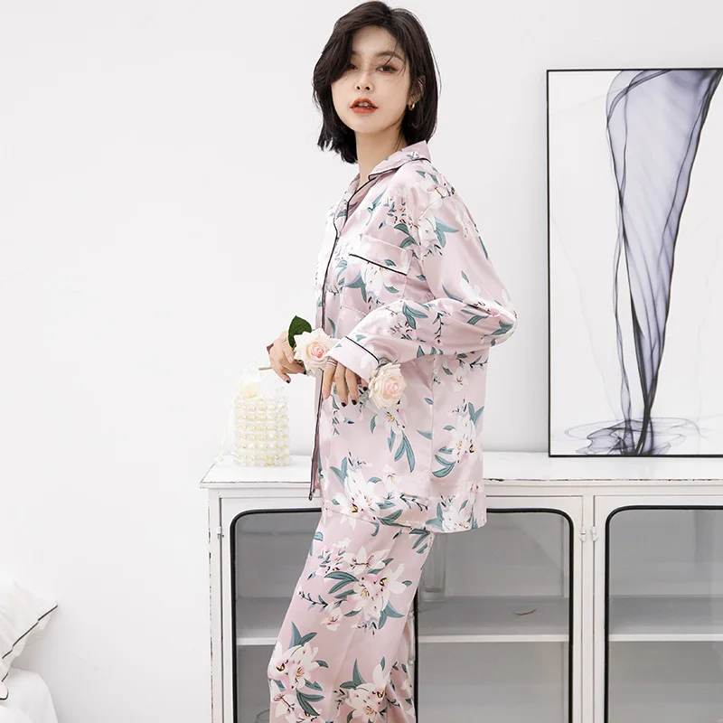 

Ladies silk pyjamas Women long Sleeves Pajama Sets Ladies Faux Satin Simple Sleepwear Homewear Girl New Sale Pink printing PJS