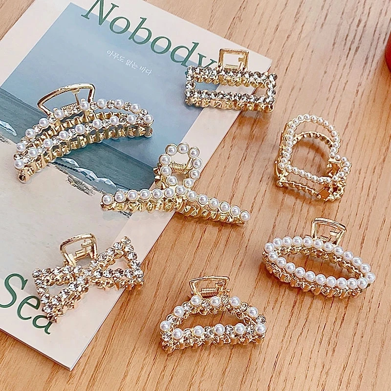 

New Women Elegant Pearls Rhinestone Geometric Hair Claws Back Hair Hold Clips Sweet Decorate Headband Fashion Hair Accessories