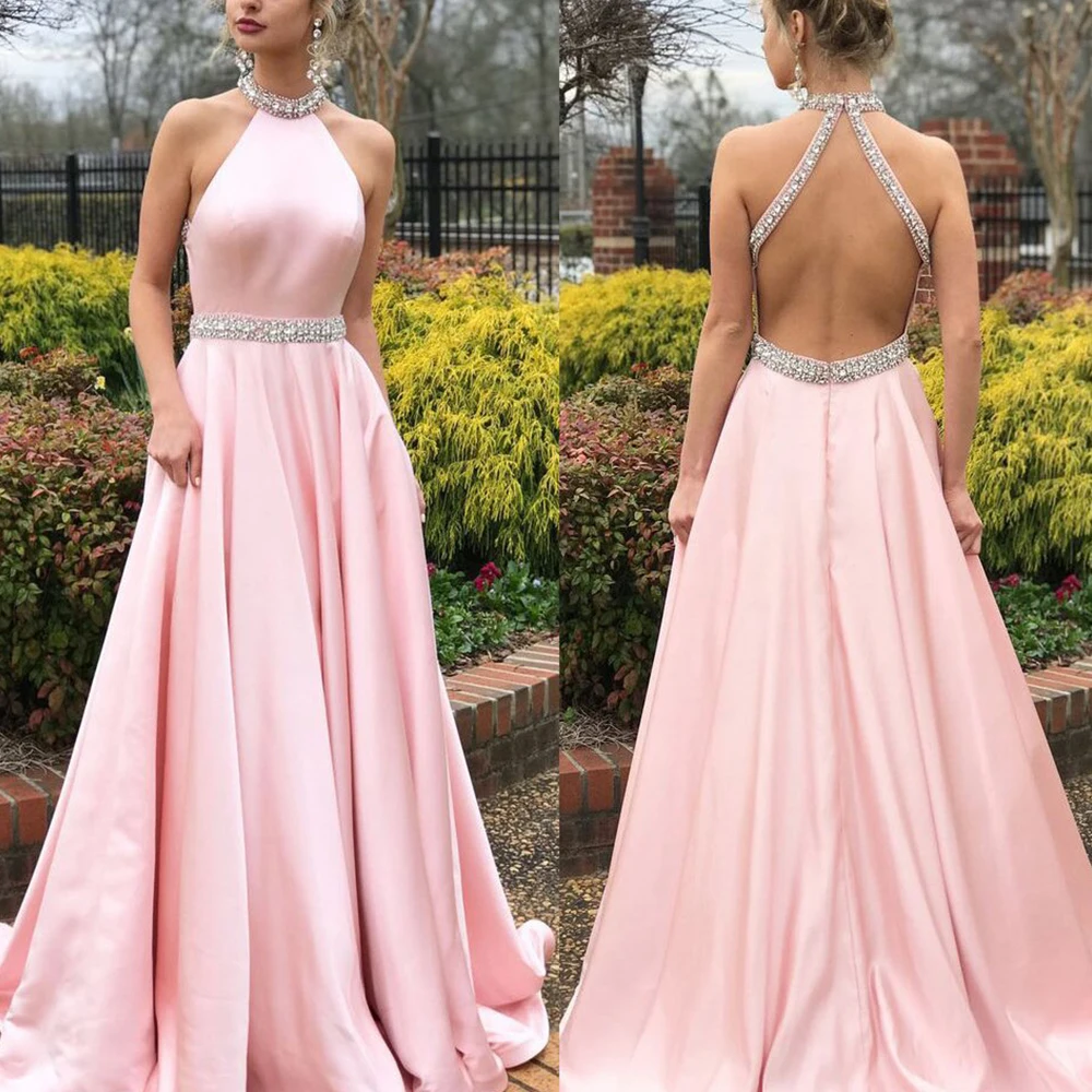 

Вечерние платья с лямкой на шее и бисером, Длинные атласные розовые элегантные платья-трапеции с открытой спиной для выпускного вечера, 2021